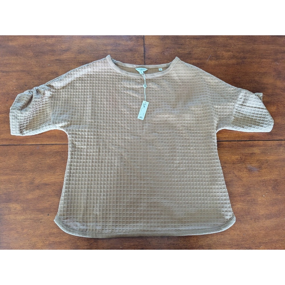 Max Studio London Waffle Knit Top Ruched Sleeves Camel Beige Women M 3705S38
